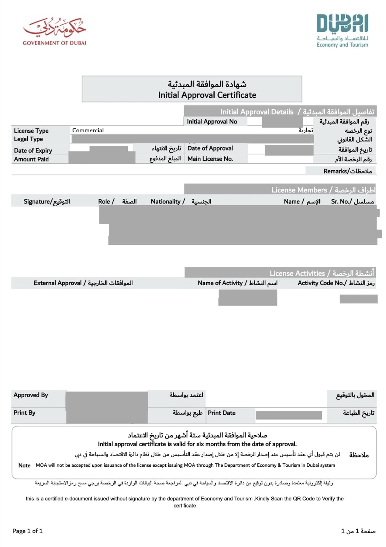 1. Initial approval certificate